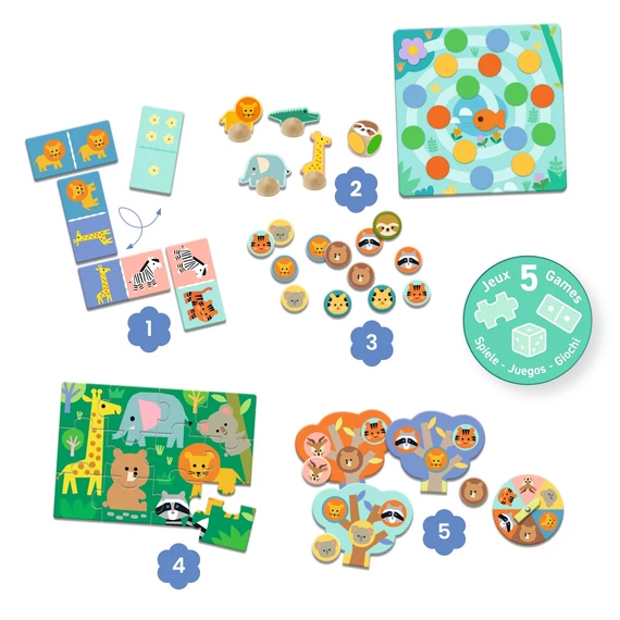 Társasjáték - 5 az 1-ben, Vadállatok - Wild animals, 5 GAMES
